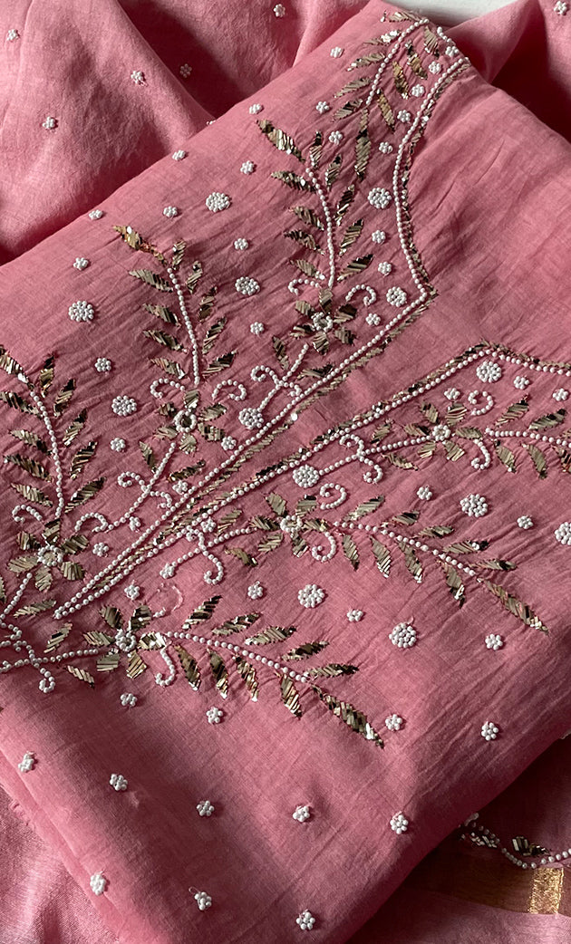 Women's Lakhnavi Handcrafted Mul Chanderi Unstitched Chikankari Full Suit Material - HONC0311943