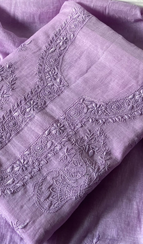 Women's Lakhnavi Handcrafted Mul Chanderi Unstitched Chikankari Full Suit Material - HONC0326124