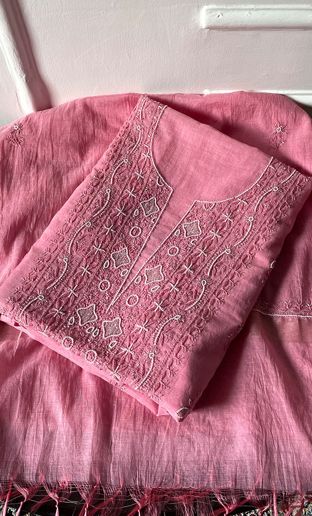 Women's Lakhnavi Handcrafted Mul Chanderi Unstitched Chikankari Full Suit Material - HONC0314657