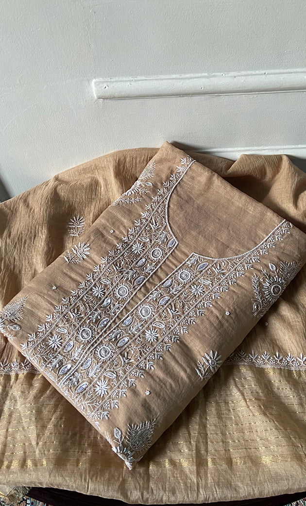 Women's Lakhnavi Handcrafted Mul Chanderi Unstitched Chikankari Full Suit Material - HONC0328323