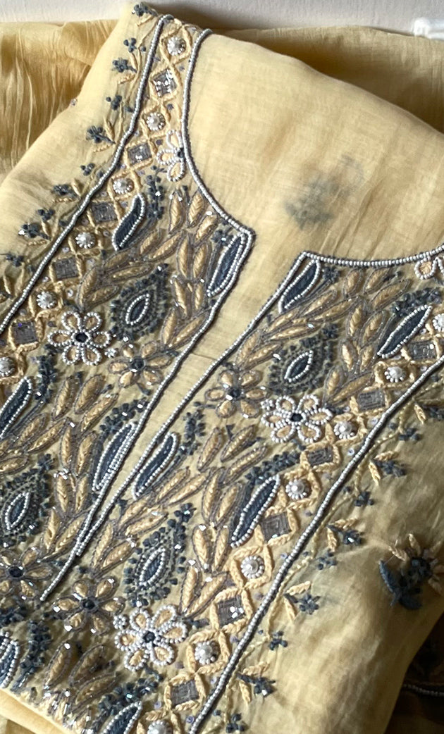 Women's Lakhnavi Handcrafted Mul Chanderi Unstitched Chikankari Full Suit Material - HONC0323589