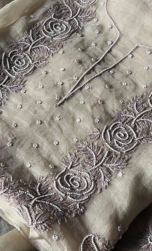 Women's Lakhnavi Handcrafted Pure Organza Chikankari Unstitched Kurta And Dupatta Set- HONC0306597