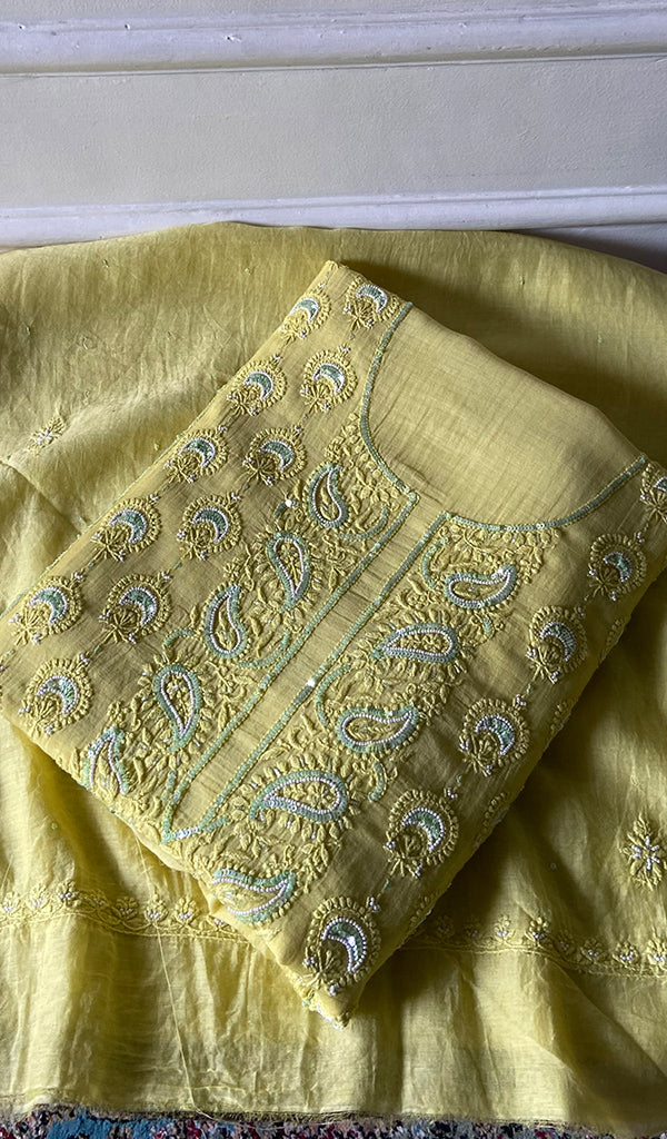 Women's Lakhnavi Handcrafted Mul Chanderi Unstitched Kurta And Dupatta Set - HONC0344343