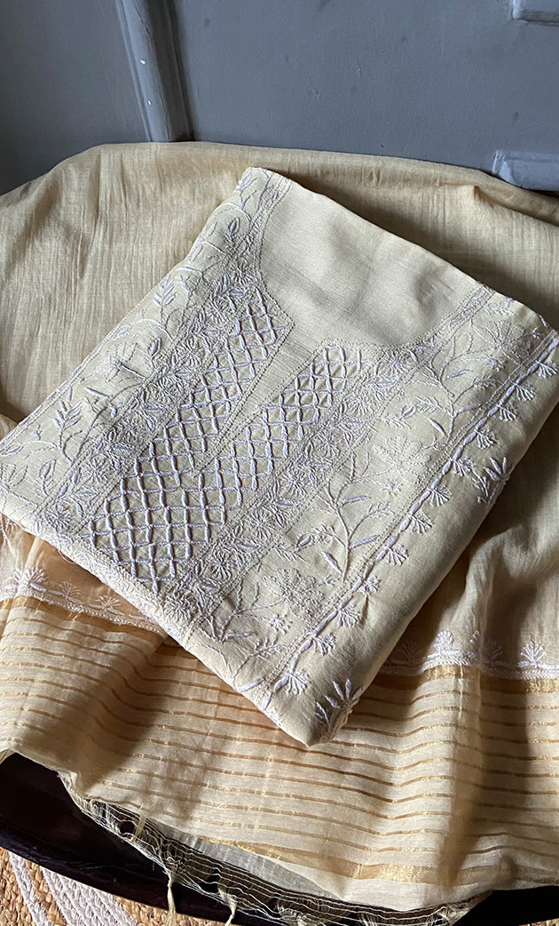 Women's Lucknowi Handcrafted Chanderi Silk Chikankari Full Suit Material - HONC0278037