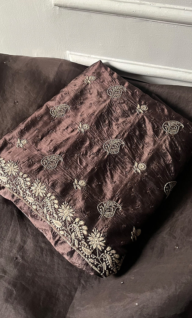 Women's Lakhnavi Handcrafted Pure Silk Chikankari Unstitched Kurta And Dupatta Set- HONC0251028