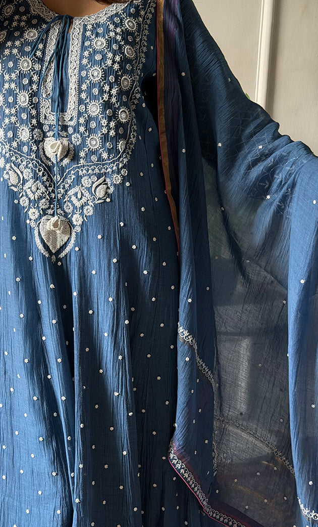 Women's Lakhnavi Handcrafted Mul Chanderi Chikankari Stitched Anarkali, Dupatta And Pant Set - HONC0328257