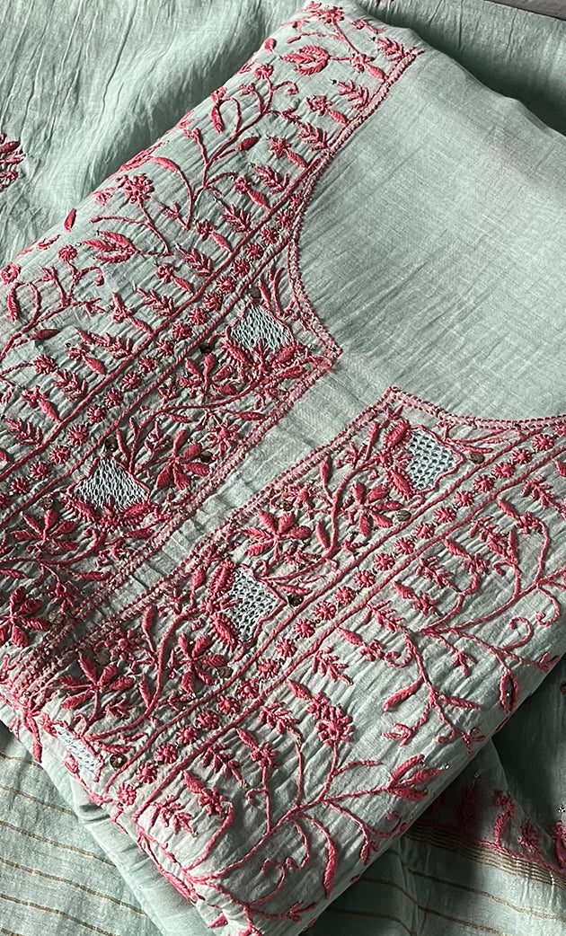 Women's Lakhnavi Handcrafted Mul Chanderi Unstitched Kurta And Dupatta Set - HONC0280889