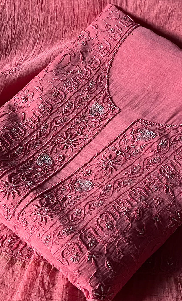 Women's Lakhnavi Handcrafted Mul Chanderi UnStitched Kurta And Dupatta Set - HONC0278915