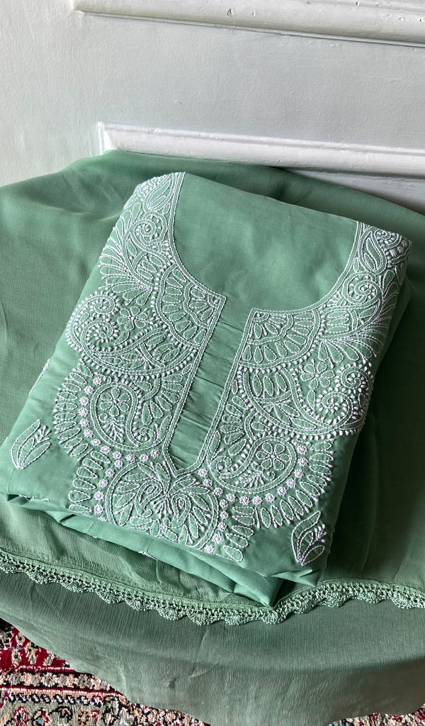 Women's Lakhnavi Handcrafted Cotton Unstitched Chikankari Suit Material - HONC0360794