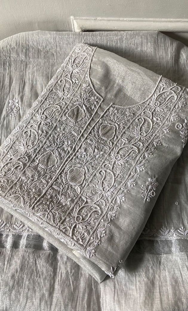 Women's Lakhnavi Handcrafted Tissue Chanderi Unstitched Chikankari Kurta And Dupatta Set - HONC0332080