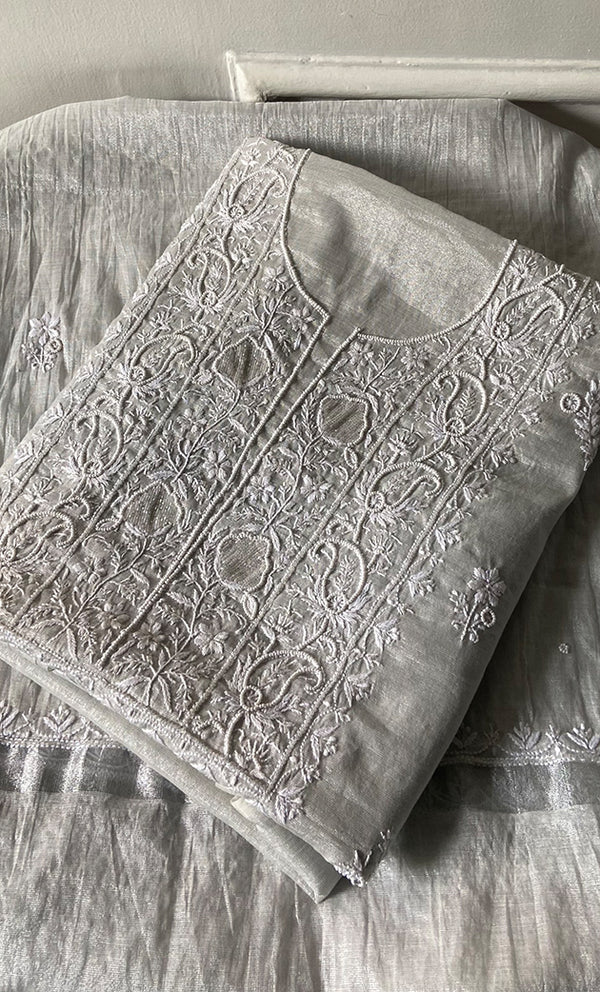 Women's Lakhnavi Handcrafted Tissue Chanderi Unstitched Chikankari Kurta And Dupatta Set - HONC0332080