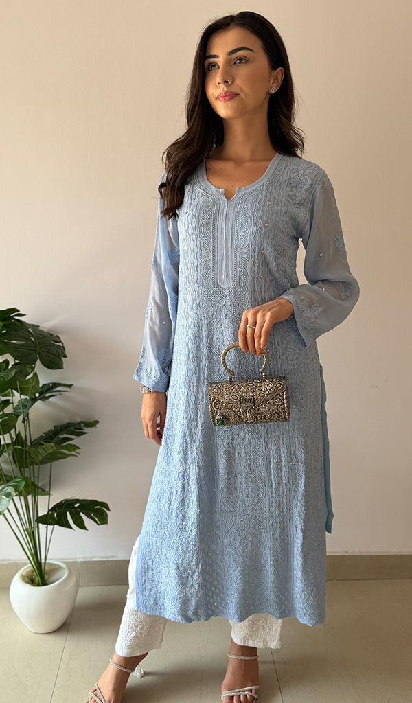 Yusra Women's Lakhnavi Handcrafted Viscose Georgette Chikankari Kurti- HONC0268917