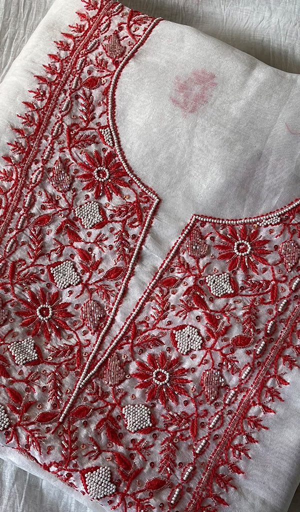 Women's Lakhnavi Handcrafted Mul Chanderi Unstitched Kurta And Dupatta Set - HONC0273255