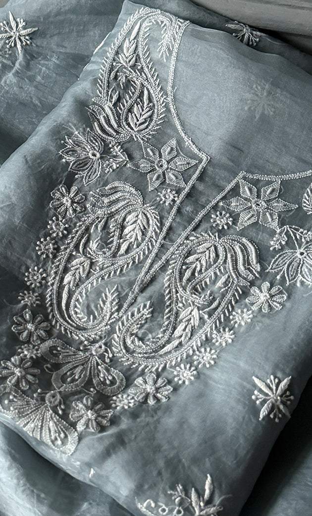 Women's Lakhnavi Handcrafted Pure Organza Chikankari Unstitched Kurta And Dupatta Set- HONC0304472