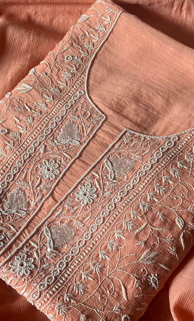 Women's Lakhnavi Handcrafted Maheshwari Mul Chanderi Unstitched Kurta And Dupatta Set- HONC0278911
