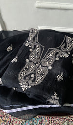 Load image into Gallery viewer, Women's Lakhnavi Handcrafted Pure Organza Chikankari Unstitched Kurta Dupatta Set .