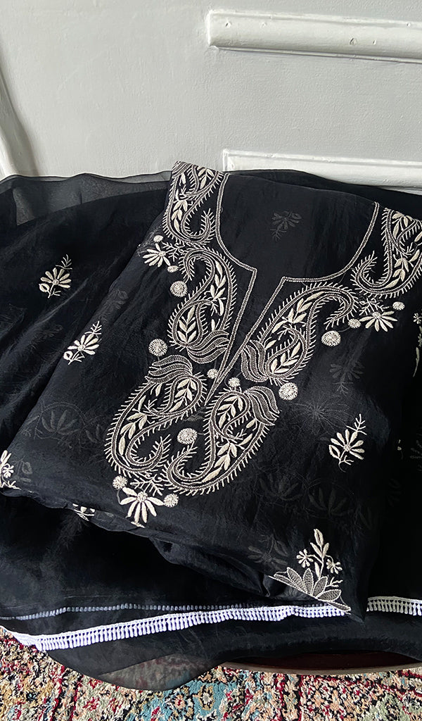 Women's Lakhnavi Handcrafted Pure Organza Chikankari Unstitched Kurta Dupatta Set .