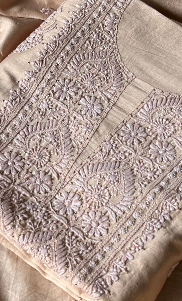 Baseema Women's Lucknowi Handcrafted Chanderi Silk Chikankari Full Suit Material - HONC0290039