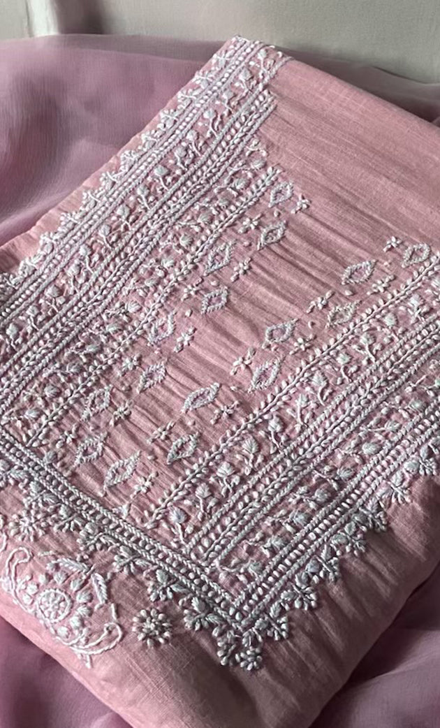 Women's Lakhnavi Handcrafted Unstitched Cotton Chikankari Suit Material - HONC0317020