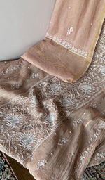 Beige Pure Mul Chanderi Chikankari 3 Pc Semi-Stitched Anarkali Suit Set