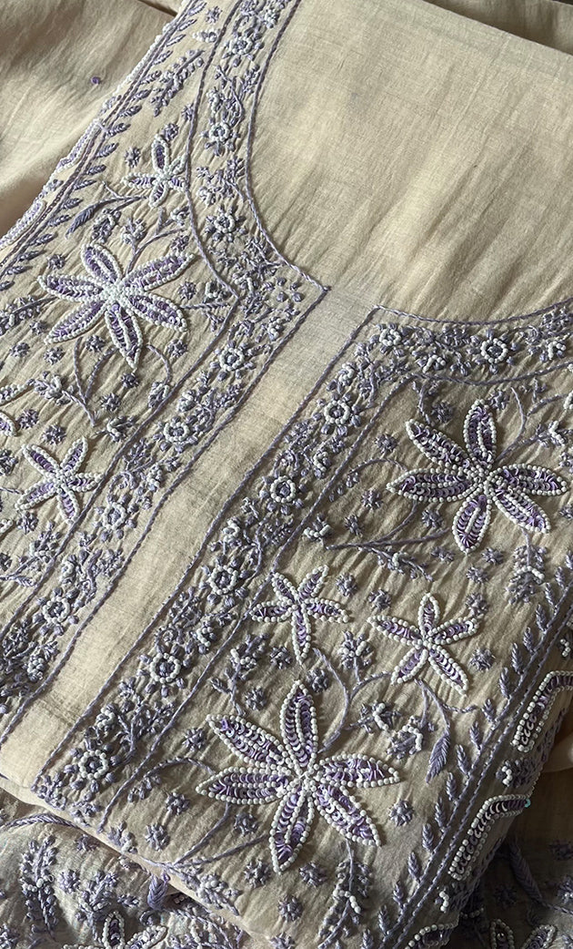 Women's Lakhnavi Handcrafted Mul Chanderi Unstitched Kurta And Dupatta Set - HONC0302257
