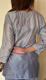 Anika Women's Lucknowi Handcrafted Chanderi Silk Chikankari Top with Farshi Salwar Set .