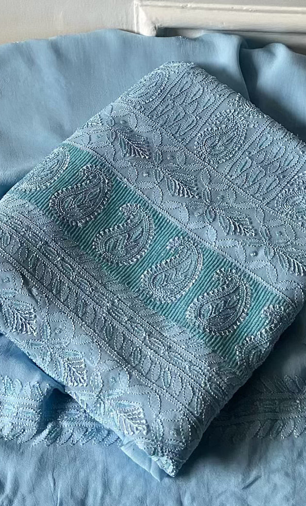 Women's Lakhnavi Handcrafted Viscose Georgette Chikankari Full Suit Material - HONC0277019