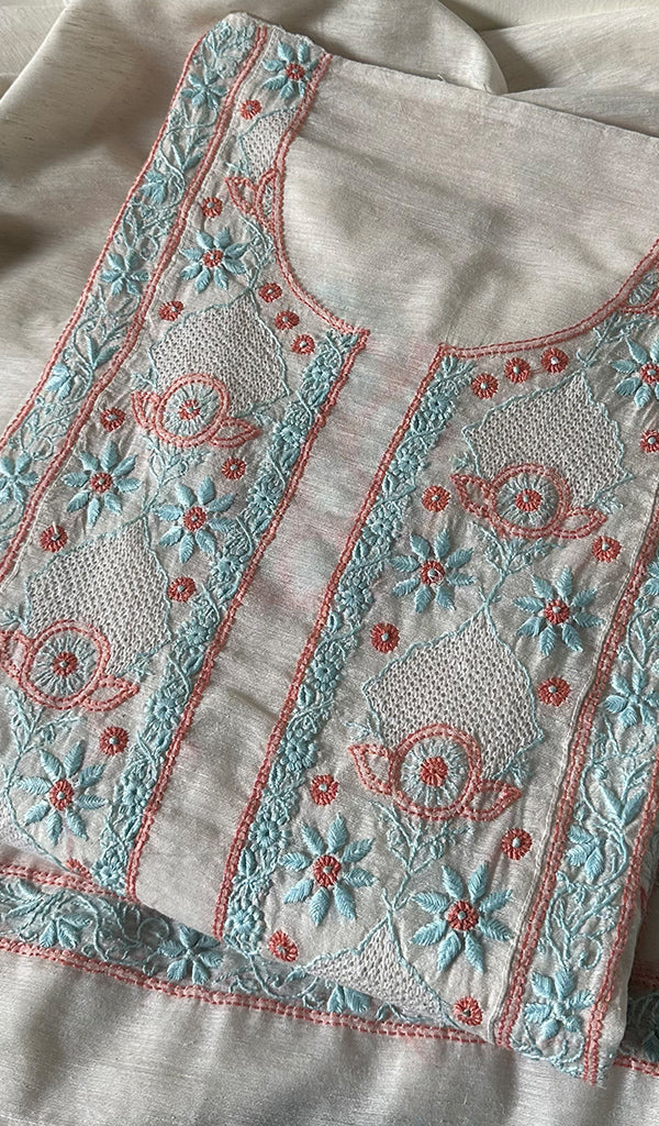 Women's Lakhnavi Handcrafted Linen Cotton Semi -Stitched Kurta And Dupatta Set - HONC0269961