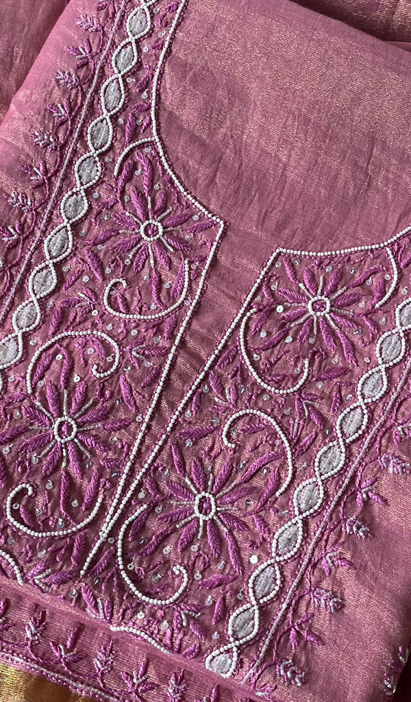 Women's Lakhnavi Handcrafted Tissue Chanderi Chikankari Suit Material - HONC0275988