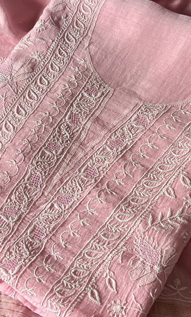 Women's Lakhnavi Handcrafted Mul Chanderi Unstitched Kurta And Dupatta Set - HONC0307428