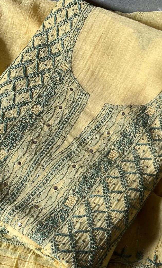 Women's Lakhnavi Handcrafted Mul Chanderi Unstitched Kurta And Dupatta Set- HONC0280879
