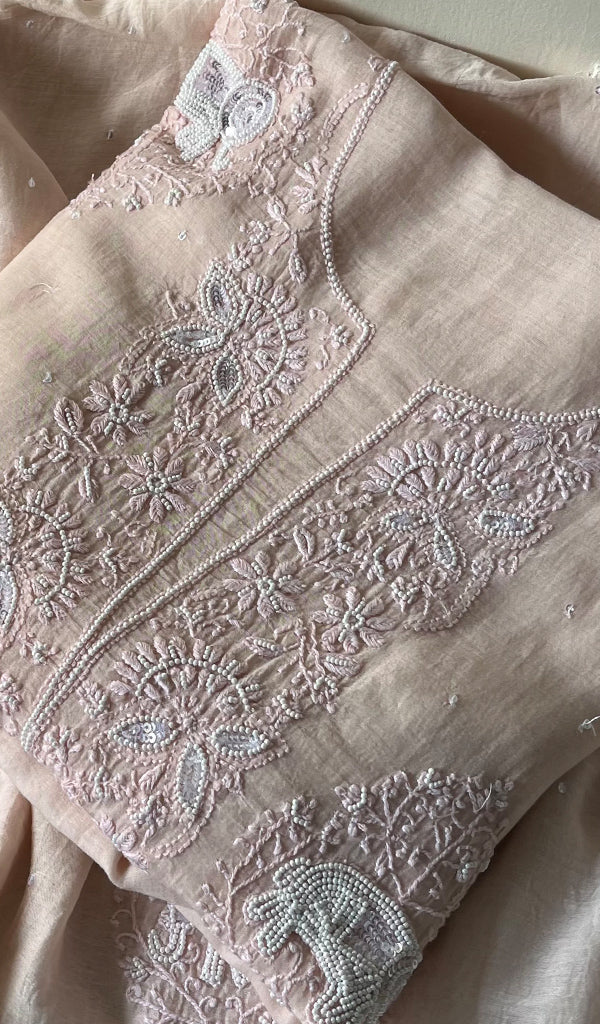 Women's Lakhnavi Handcrafted Mul Chanderi Chikankari Full Suit Material - HONC0282561