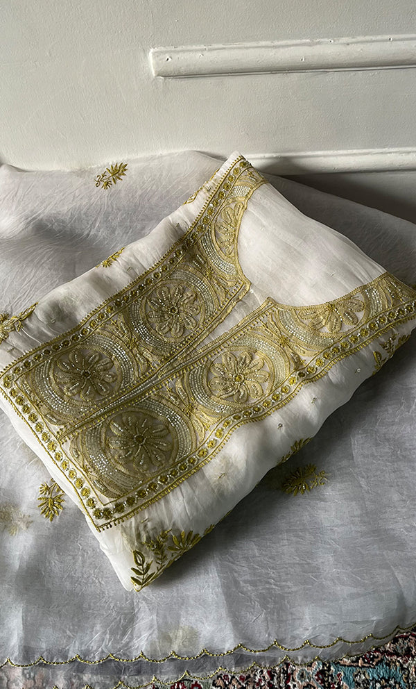 Women's Lakhnavi Handcrafted Pure Organza Chikankari Unstitched Kurta And Dupatta Set- HONC0328273