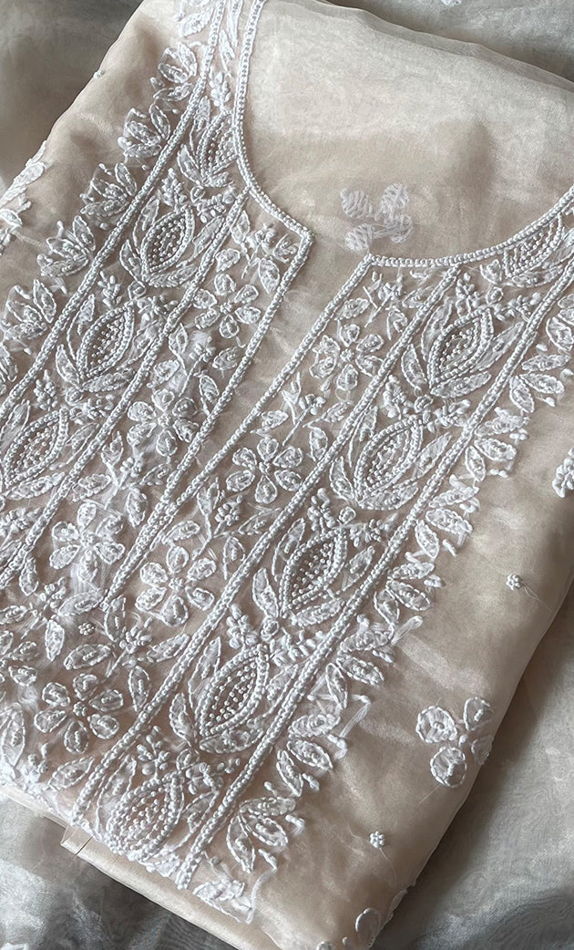 Women's Lakhnavi Handcrafted Organza Chikankari Unstitched Full Suit Material - HONC0284619