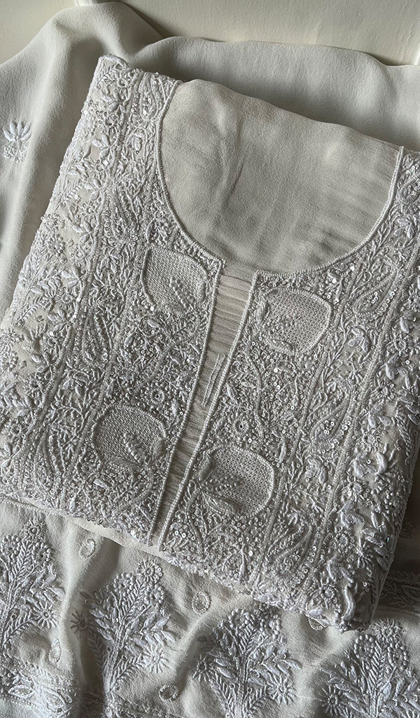 Women's Lakhnavi Handcrafted Pure Silk Georgette Chikankari Kurta And Dupatta Set- HONC0249930