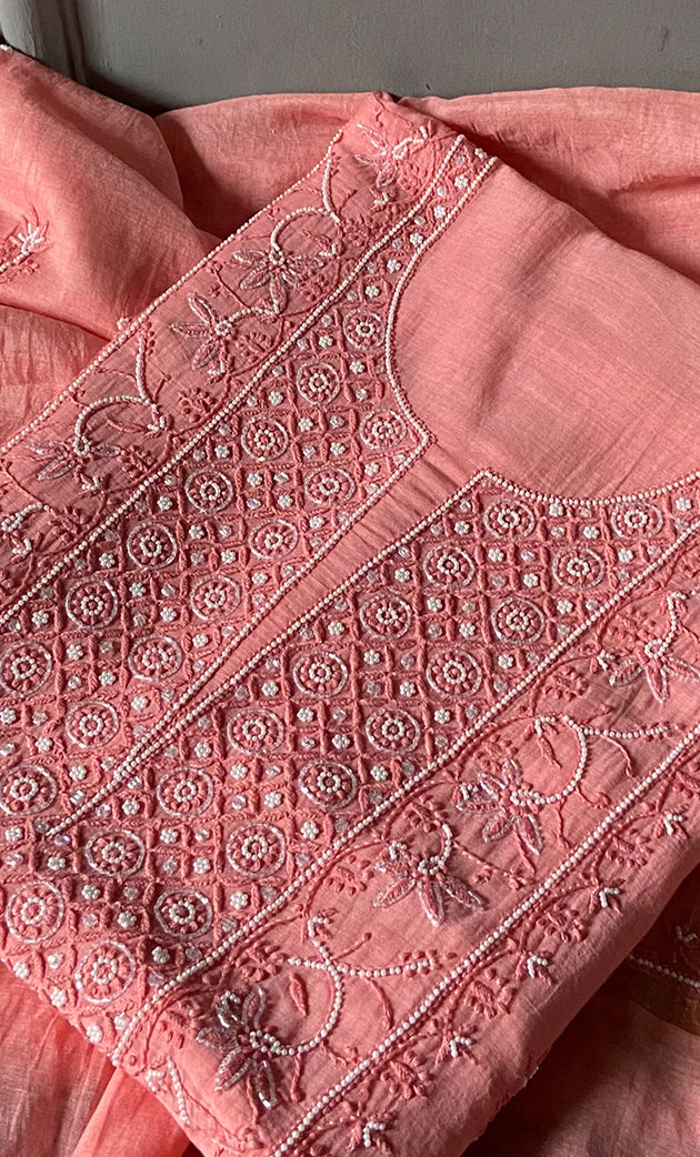 Women's Lakhnavi Handcrafted Mul Chanderi Unstitched Chikankari Full Suit Material - HONC0278000