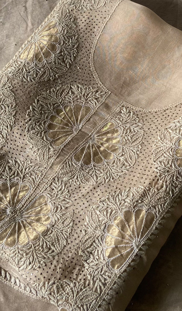 Women's Lakhnavi Handcrafted Pure Organza Chikankari Unstitched Kurta And Dupatta Set- HONC0341960