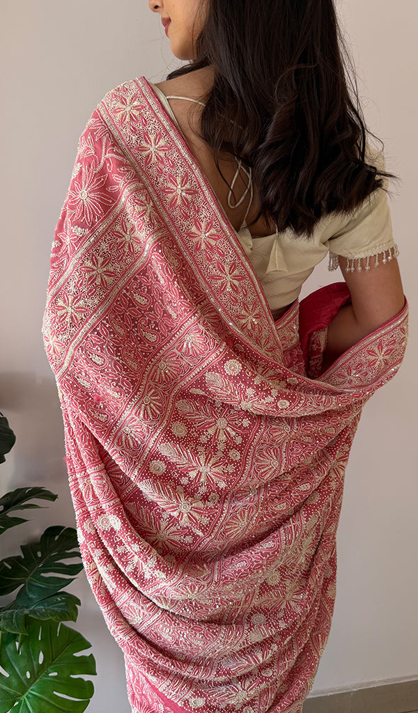 Women's Lakhnavi Handcrafted Pure Silk Georgette Chikankari Saree - HONC0334748
