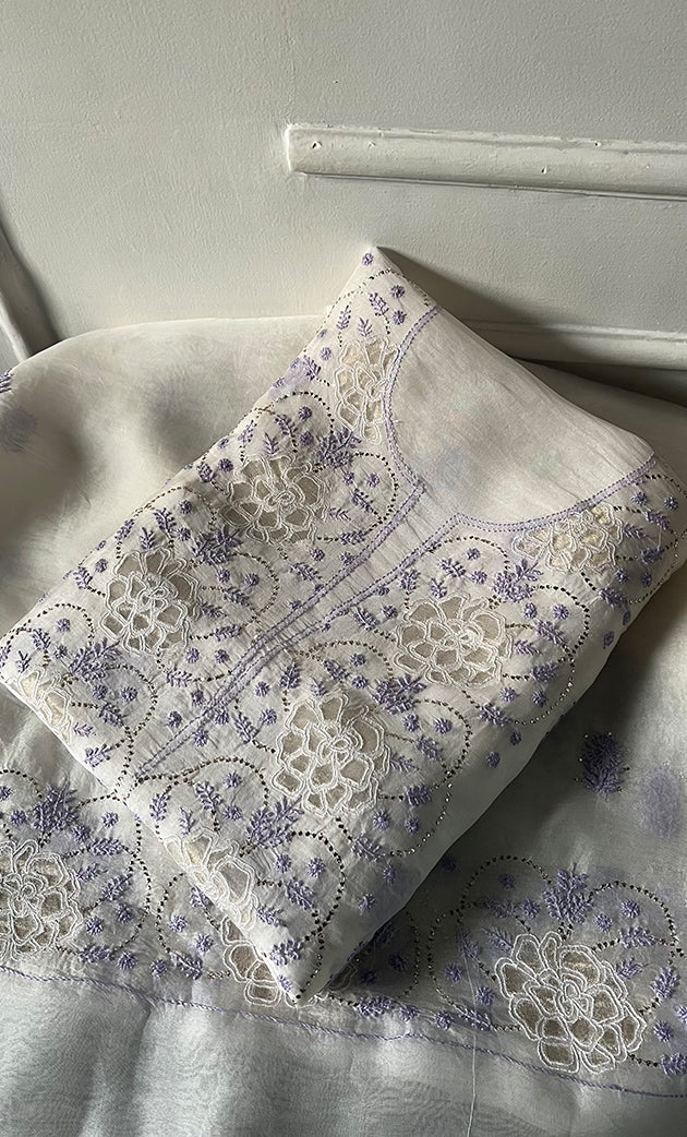 Mainaaj  Women's Lakhnavi Handcrafted Pure Organza Chikankari Unstitched Kurta And Dupatta Set- HONC0327338