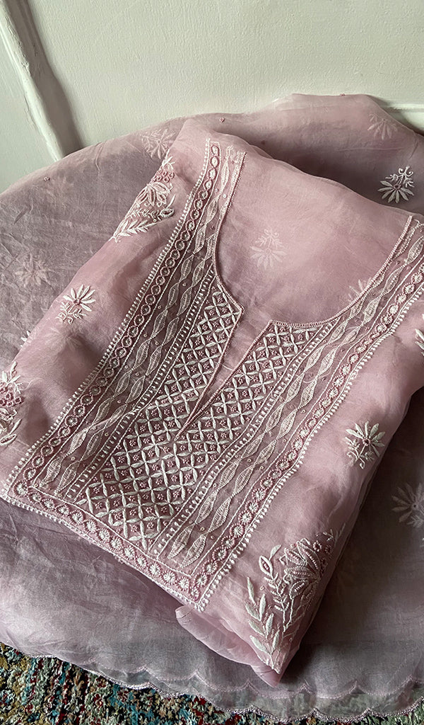 Women's Lakhnavi Handcrafted Pure Organza Chikankari Unstitched Kurta And Dupatta Set- HONC0329217