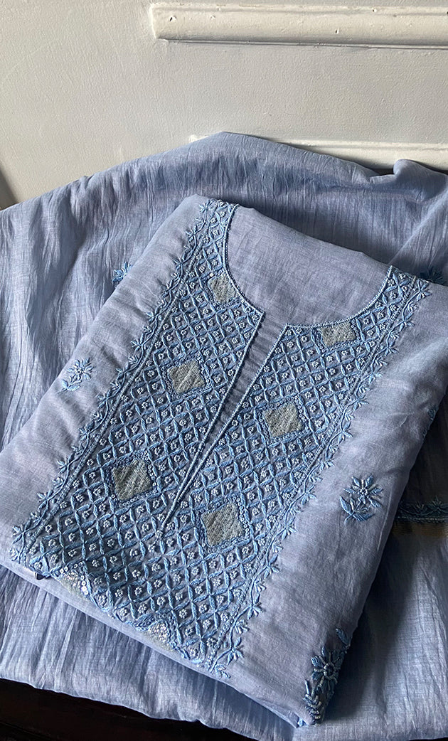 Women's Lakhnavi Handcrafted Mul Chanderi Unstitched Chikankari Full Suit Material - HONC0328131