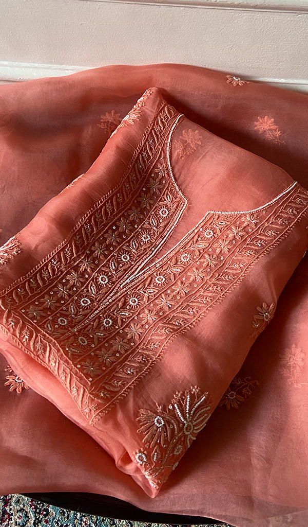 Women's Lakhnavi Handcrafted Pure Organza Chikankari Unstitched Kurta And Dupatta Set- HONC0351137