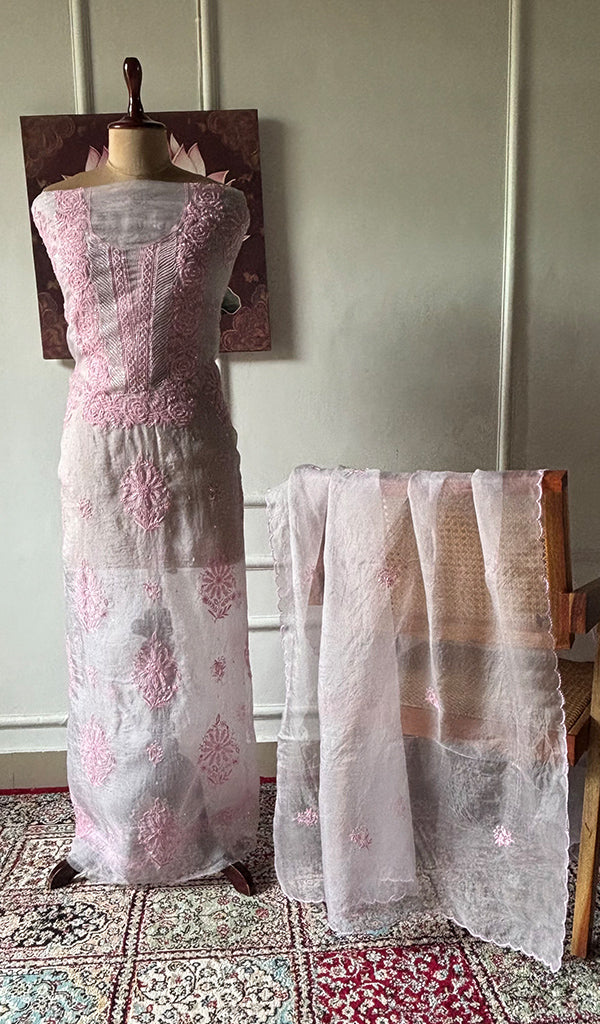 Women's Lakhnavi Handcrafted Pure Organza Chikankari Unstitched Kurta And Dupatta Set- HONC0361456