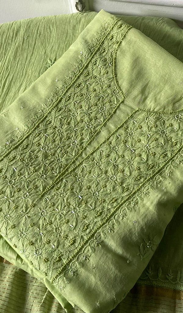 Women's Lakhnavi Handcrafted Mul Chanderi Unstitched Chikankari Full Suit Material - HONC0328111