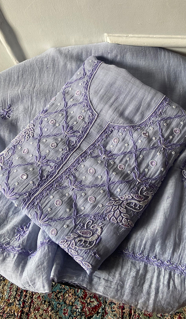 Women's Lakhnavi Handcrafted Mul Chanderi  Unstitched Chikankari Full Suit Material - HONC0339567