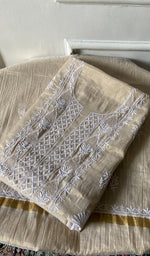 Load image into Gallery viewer, Women's Lakhnavi Handcrafted Tissue Chanderi Unstitched Chikankari Kurta And Dupatta Set - HONC0324413