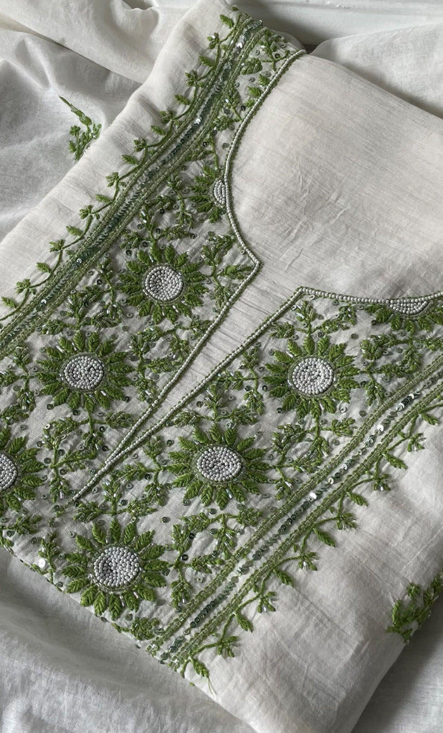 Women's Lakhnavi Handcrafted Unstitched Mul Chanderi Kurta And Dupatta Set - HONC0278135