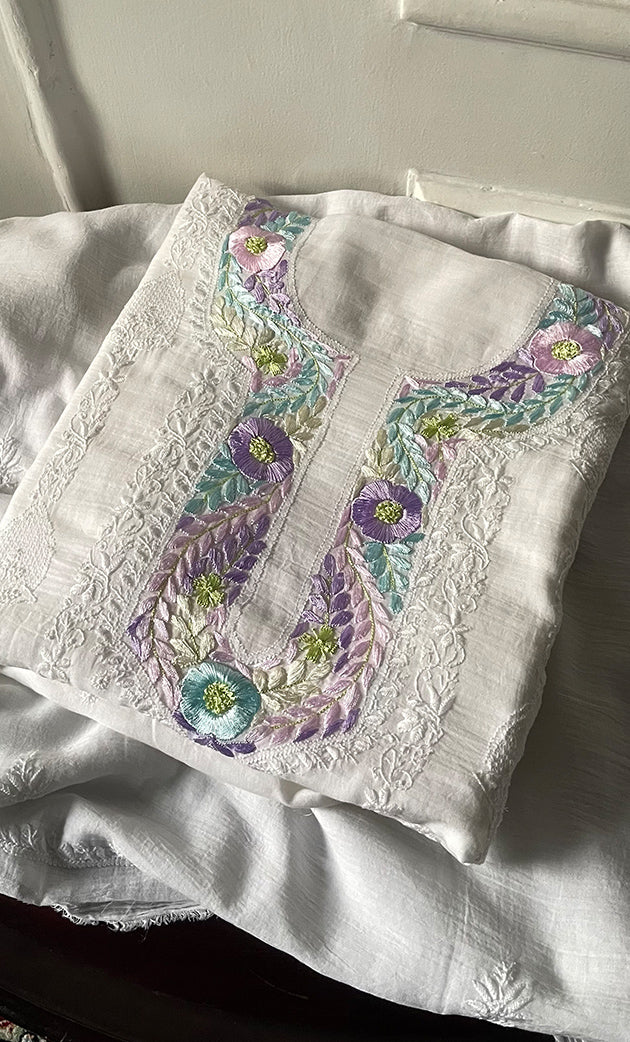 Women's Lakhnavi Handcrafted Unstitched Cotton Chikankari Kurta Dupatta Set - HONC0326101