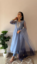 Load image into Gallery viewer, Alfia Women's Lucknowi Handcrafted Pure Organza Silk Stitched Chikankari Kurta, Dupatta With Pant Set- HONC0366950