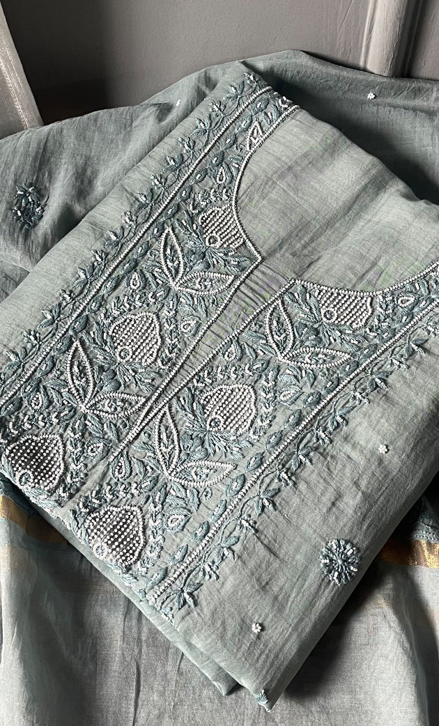 Women's Lakhnavi Handcrafted Mul Chanderi Unstitched Kurta And Dupatta Set- HONC0310805